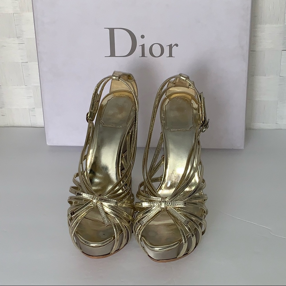 CHRISTIAN DIOR Gold Frisson Hi Calfskin 829 Gris Clair Strapy Platform S… - Picture 2 of 12